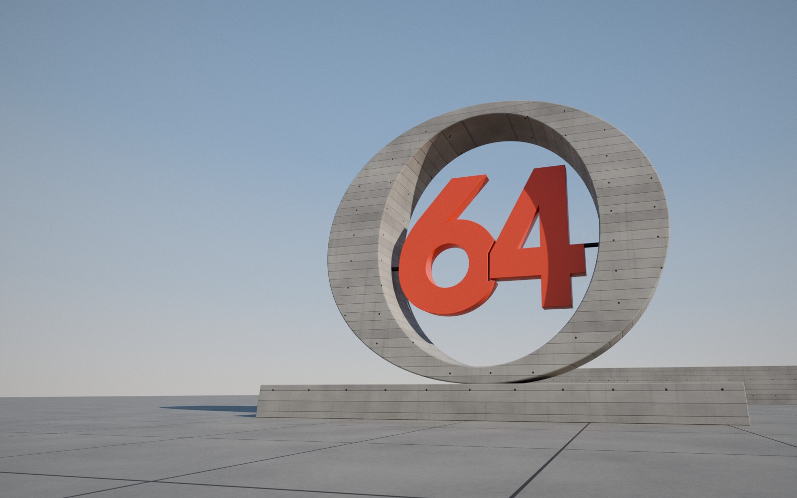A monumental board-formed concrete O standing on a plinth in daylight, with a vermilion steel 64 fixed inside it, forming the Object 64 mark.