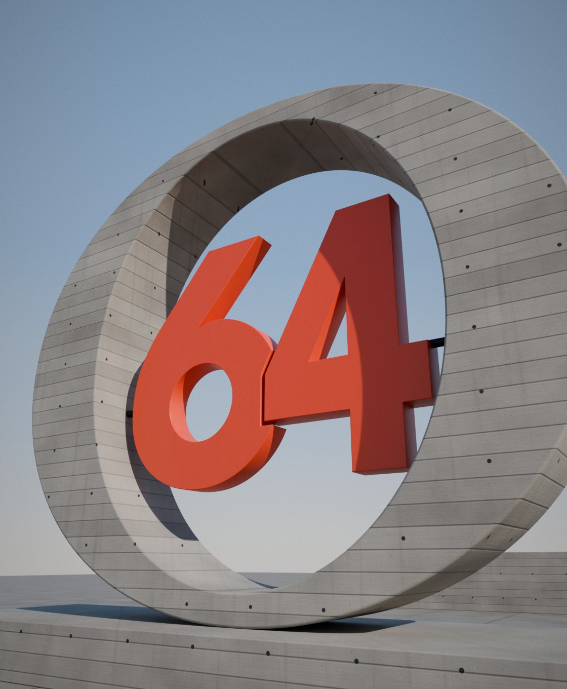 Close-up of the vermilion steel 64 inside the board-formed concrete O in daylight.